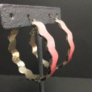 Zig Zag Hoop Earrings Pink Enamel Silver Large Retro Mod Barbie Soft Girl